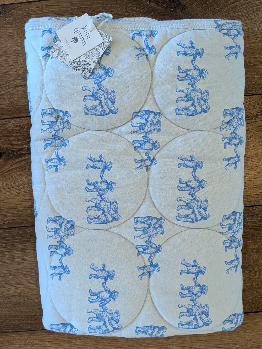 Kate Quinn Classic Circle Quilt Teddy Bear Blue Organic Cotton Baby Blanket NWT